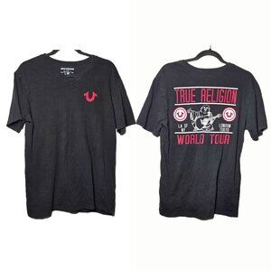 True Religion Mens Black World Tour Graphic Short Sleeve T-Shirt Size Medium